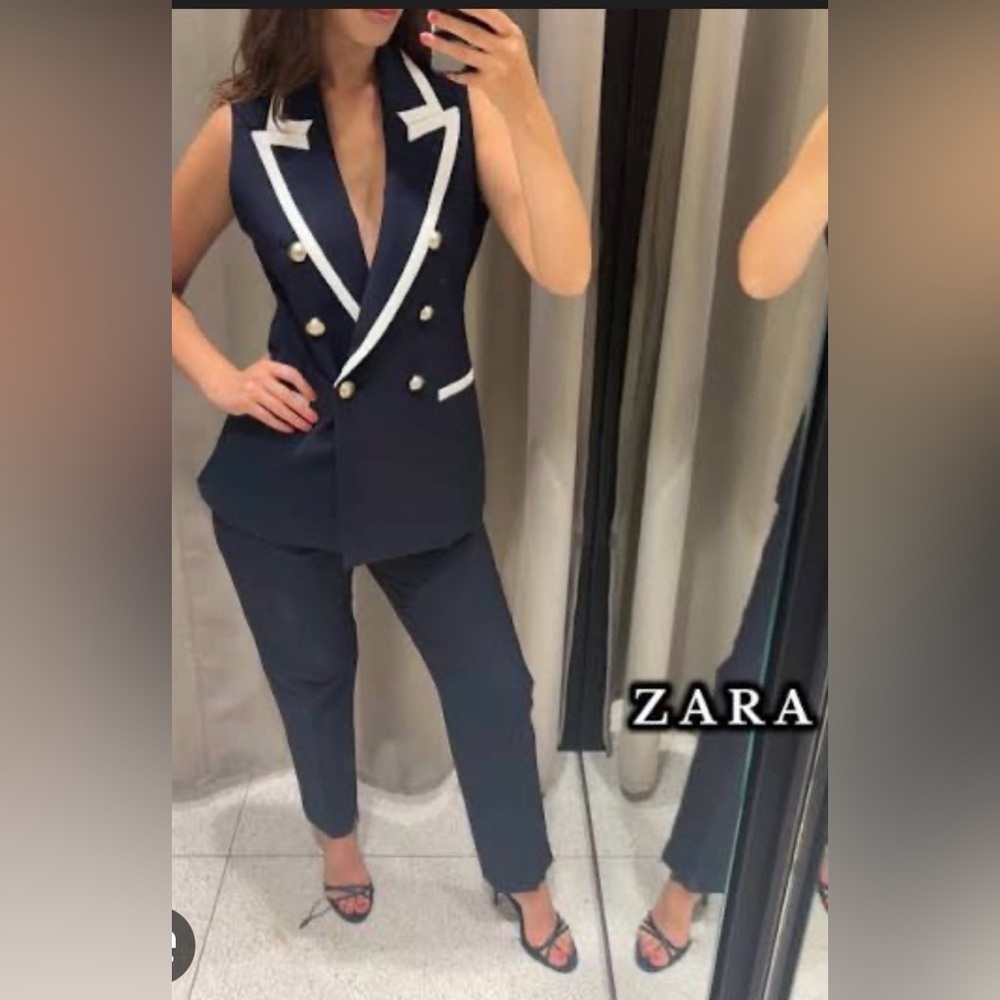 Zara Navy Sleeveless Double-Breast vest